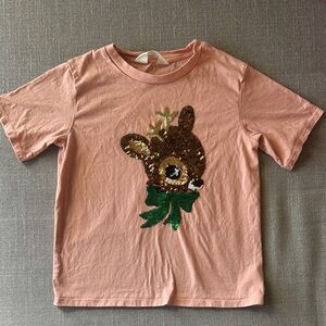 H&M Girls Peachy Pink Sequin Reindeer Holiday Christmas SS T Shirt Size 6X/7